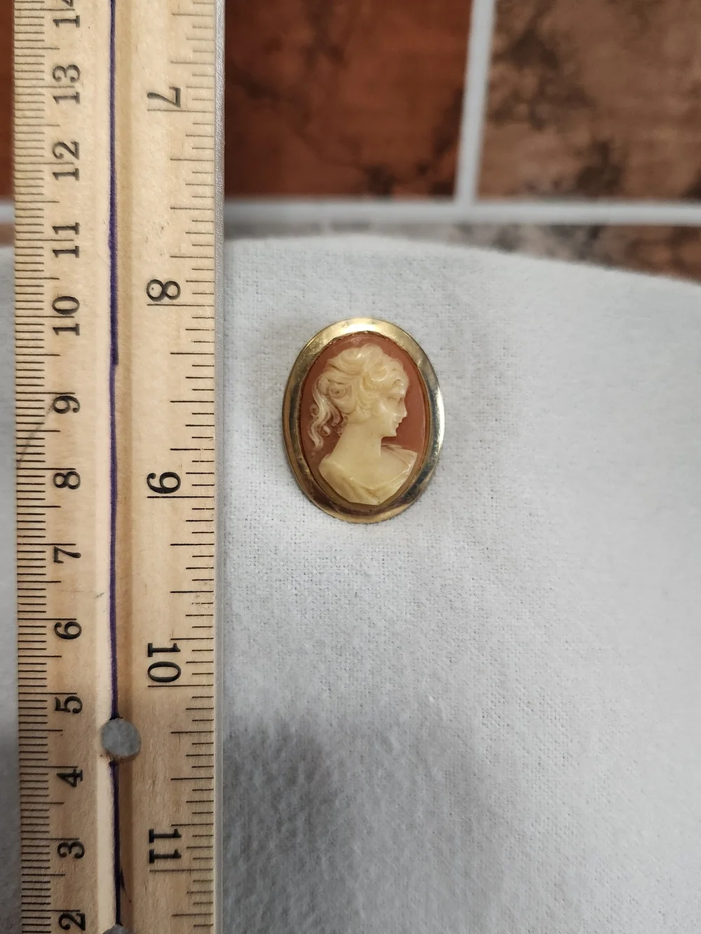 Vintage Cameo Brooch in Cream and Brown with Gold-Tone Frame